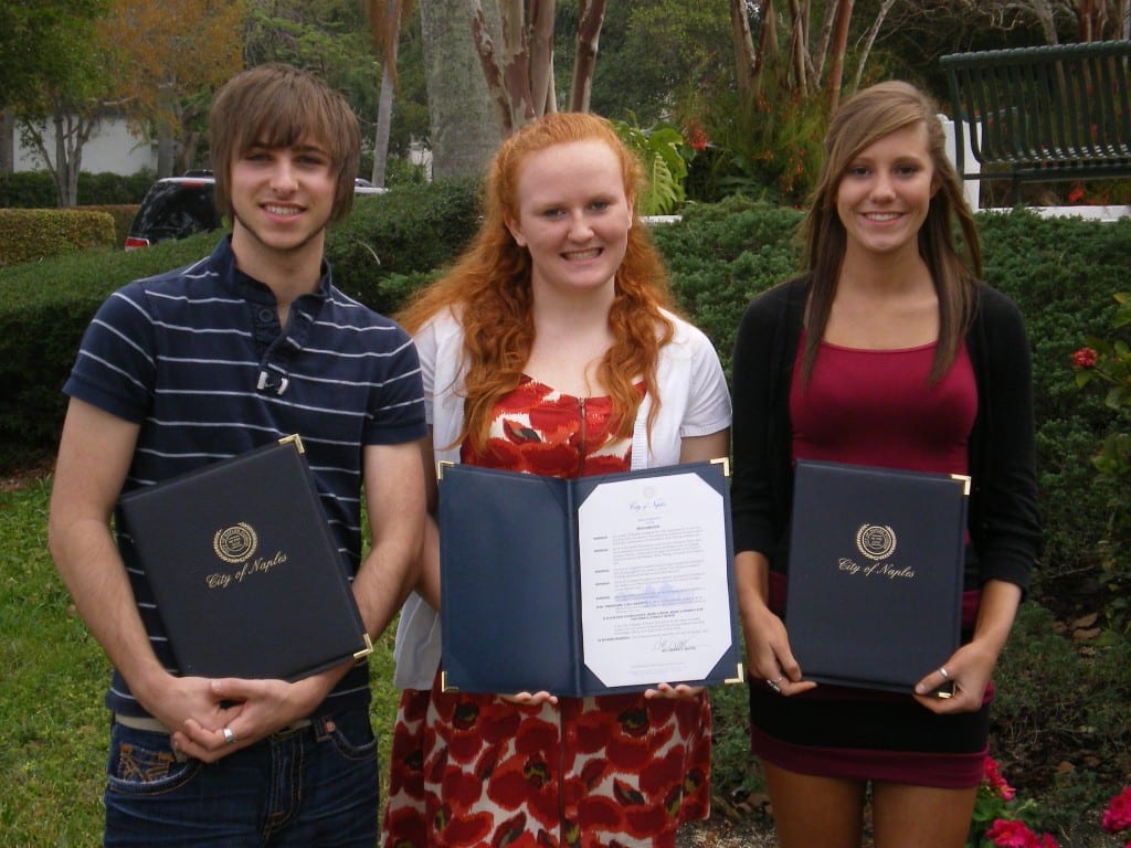 K is for Kids Teen Advisory Team members (L-R) Cory Jones, Haylee Lamb and Amber Valcante hold Proclamations from the City of Naples designating February as K is for Kids “Bring a Book, Bring a Friend for Children’s Literacy Month.” 